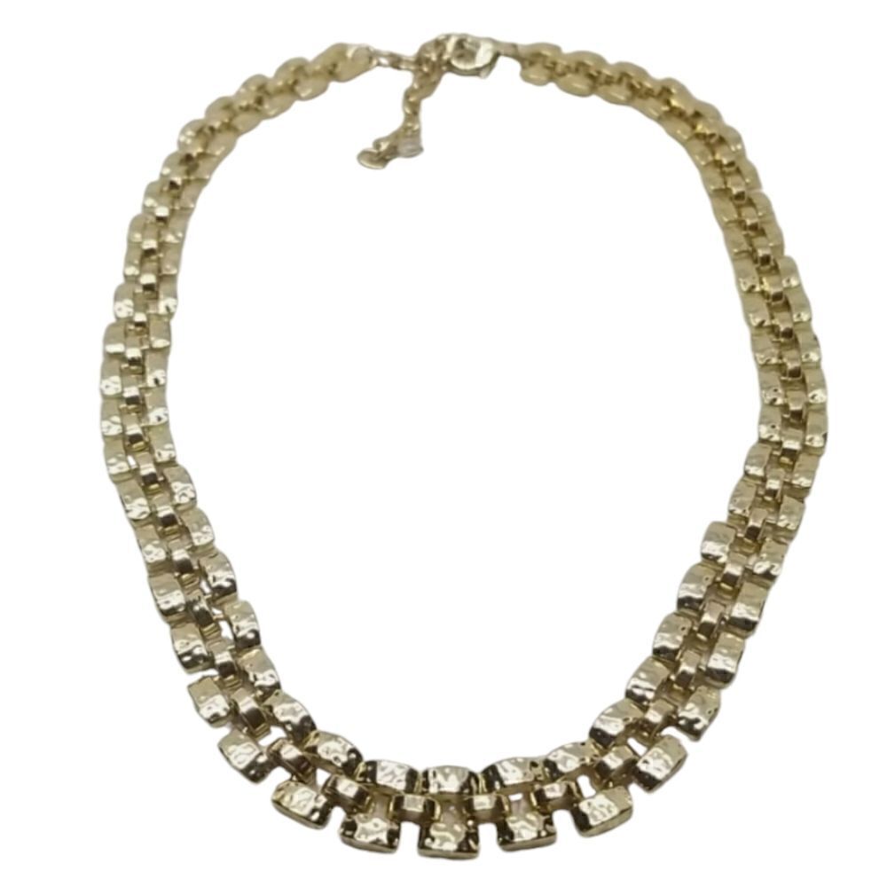 Gold Tone Necklace Rectangle Three Rows Link Necklace